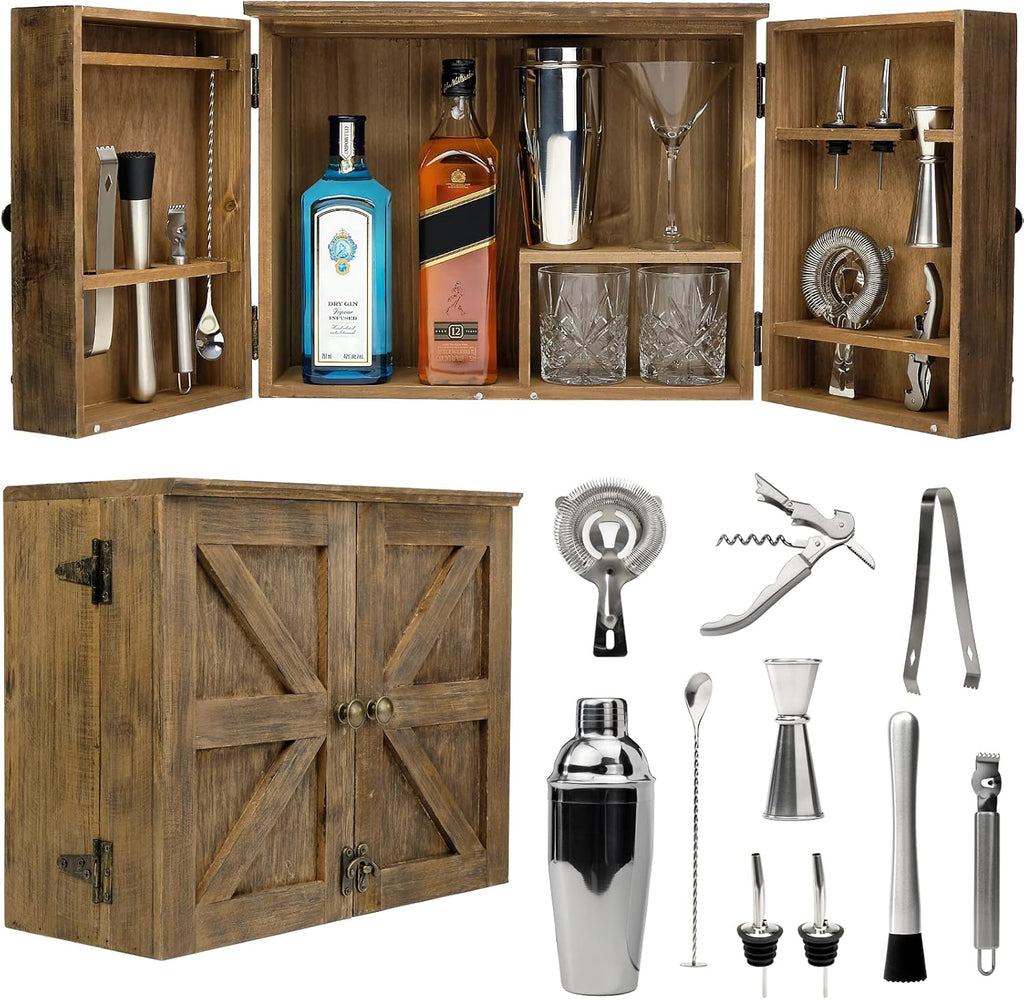 Rustic Brown Barndoor Bartender Cabinet with 12 Piece Bar Tool Set Q6895