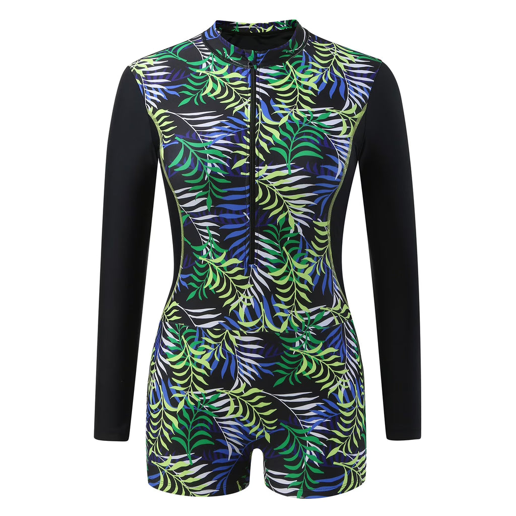 Leaf Print Long Sleeve Rashguard Swim Suit D517503