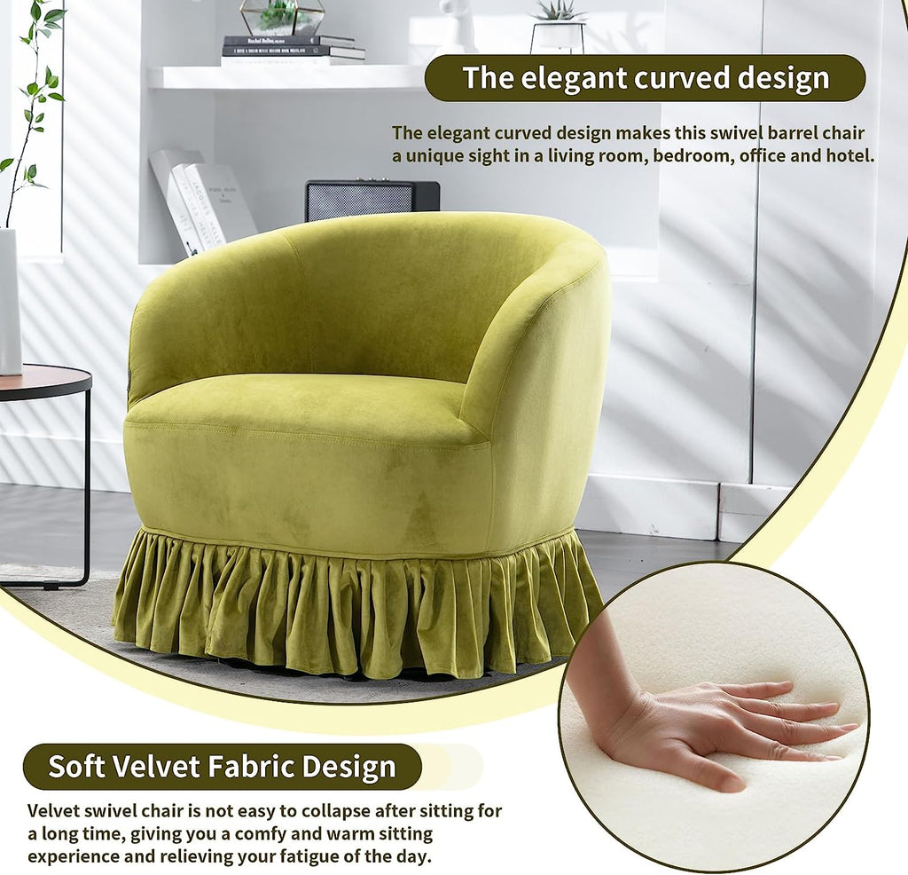Olive Velvet Swivel Barrel Chair with Pleated Skirt E55076