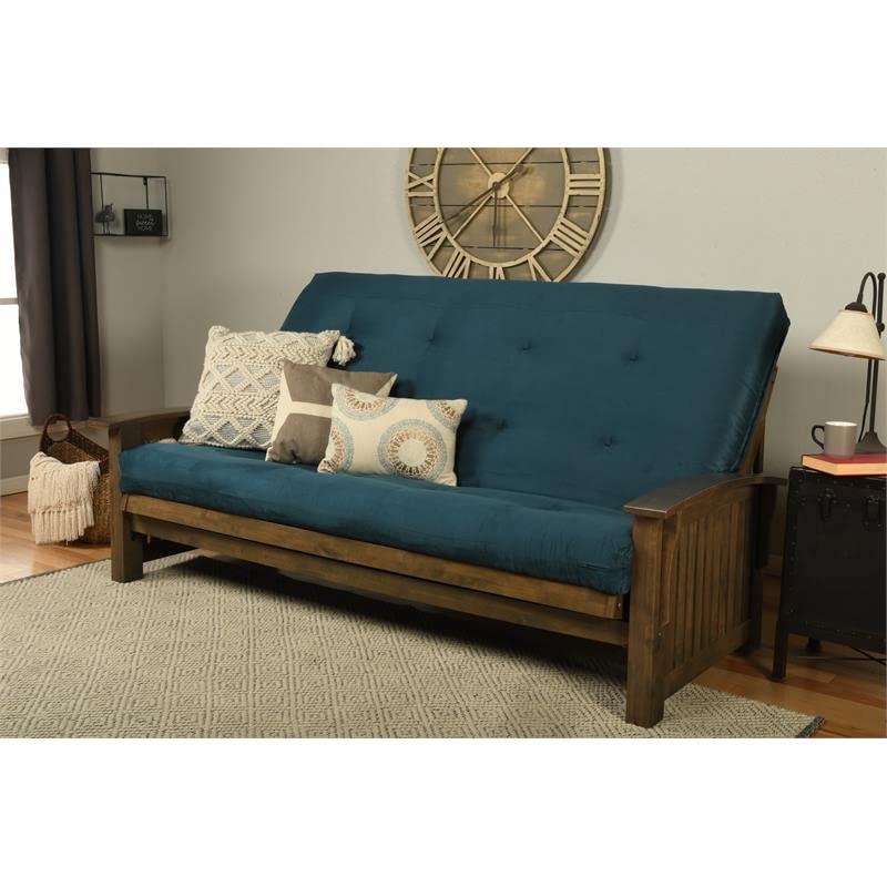 Queen-size Wood Futon with Suede Blue Mattress J8169