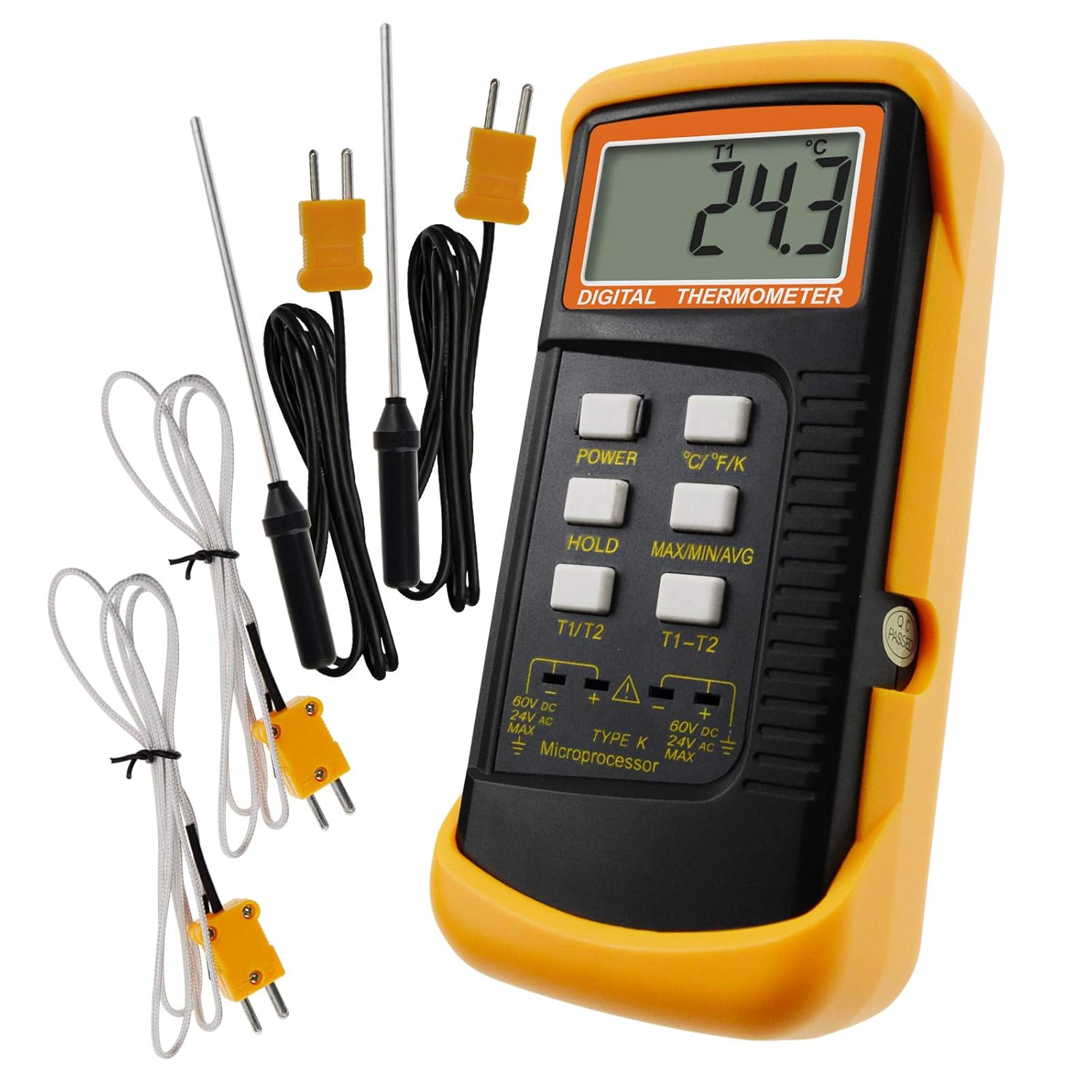 2 Channels K-Type Thermometer with 4 Stainless Steel Thermocouples, -50~1300°C Handheld Desktop Meter M41100