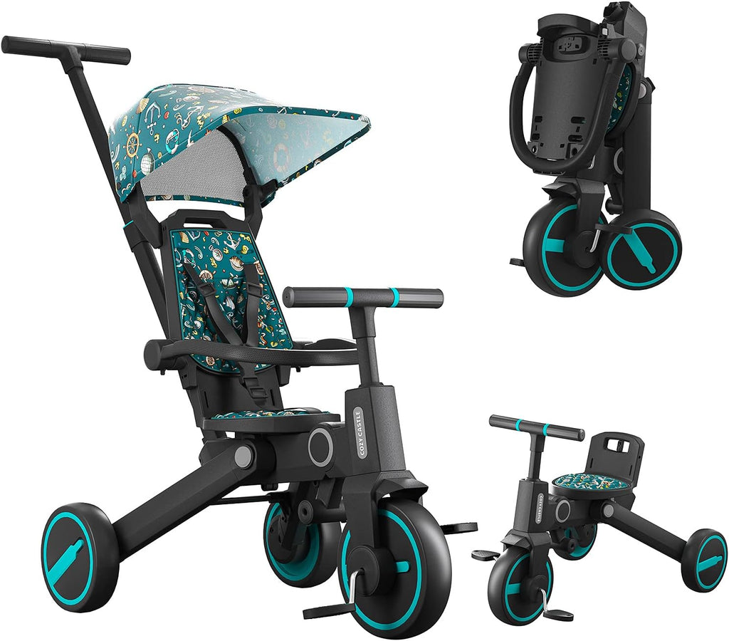 Green 7-in-1 Foldable Toddler Tricycle with Adjustable Canopy and Detachable Pedals Y443810