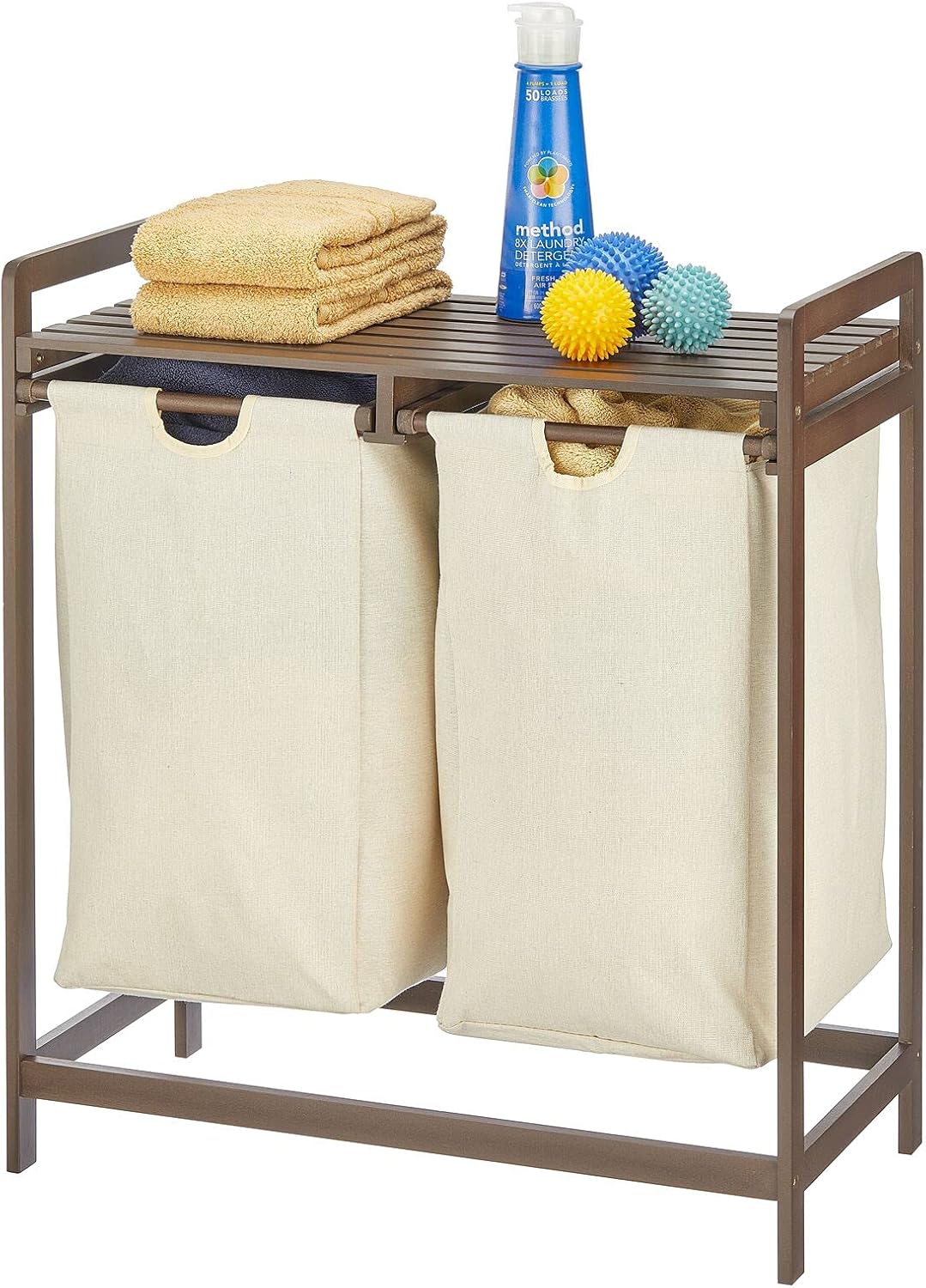Bamboo Double Laundry Basket Hamper with Removable Storage Sorter Bag B78703