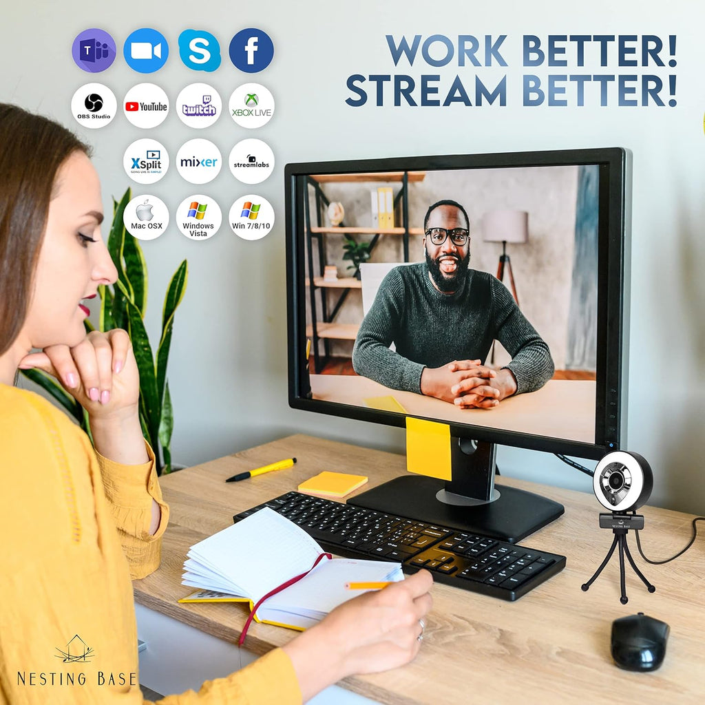 1080p Webcam with Ring Light, Privacy Cover, Auto Focus E73703