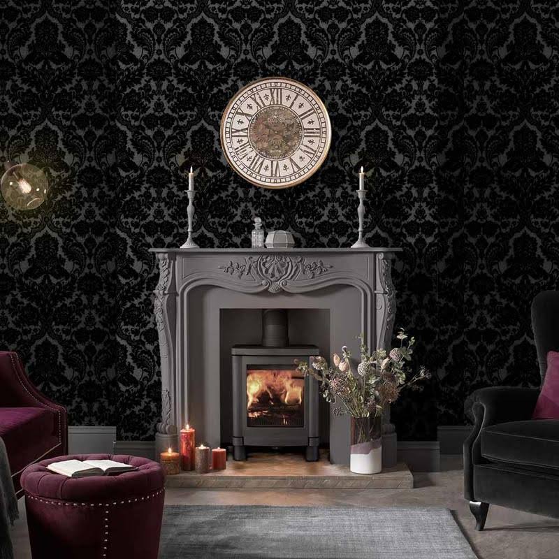 Gothic Damask Flock White Wallpaper L446