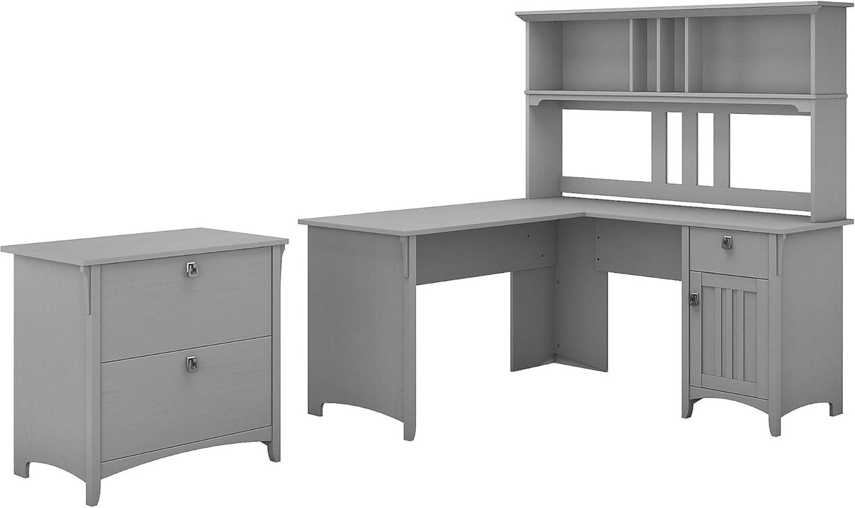 Antique White L Shaped Desk with Hutch and Lateral File Cabinet M617829