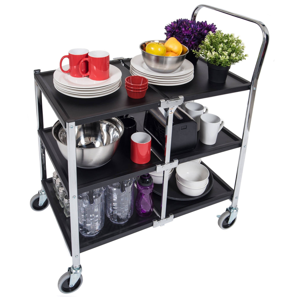Black 3 Shelf Collapsible Metal Utility Cart Q955