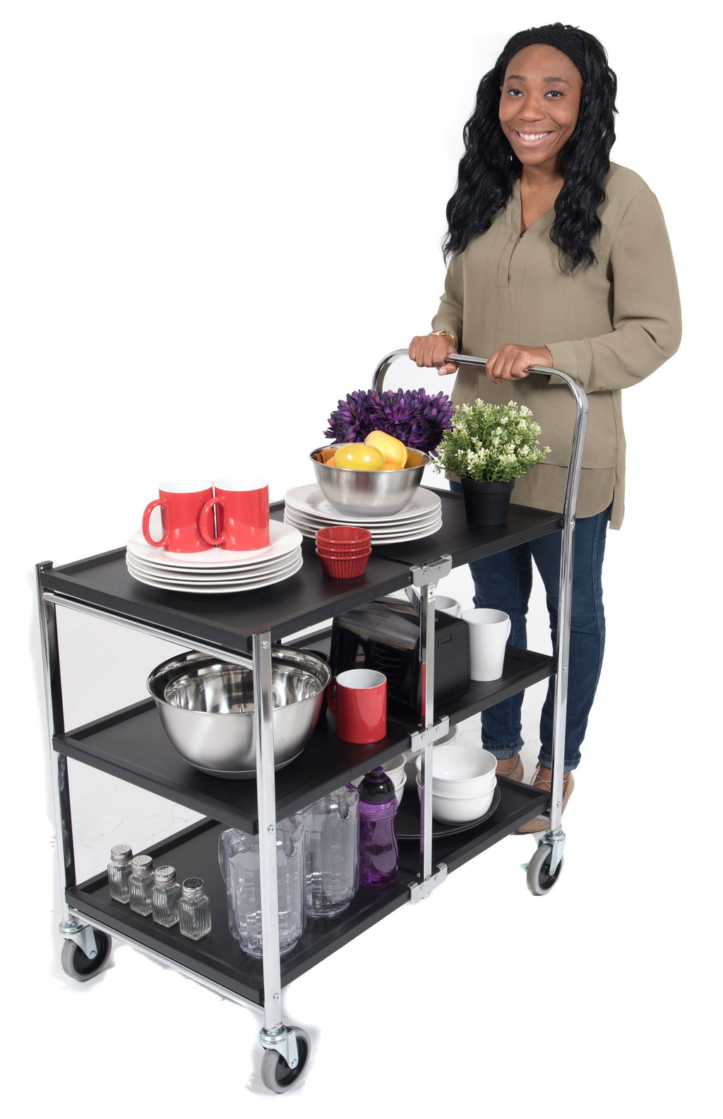Black 3 Shelf Collapsible Metal Utility Cart Q955