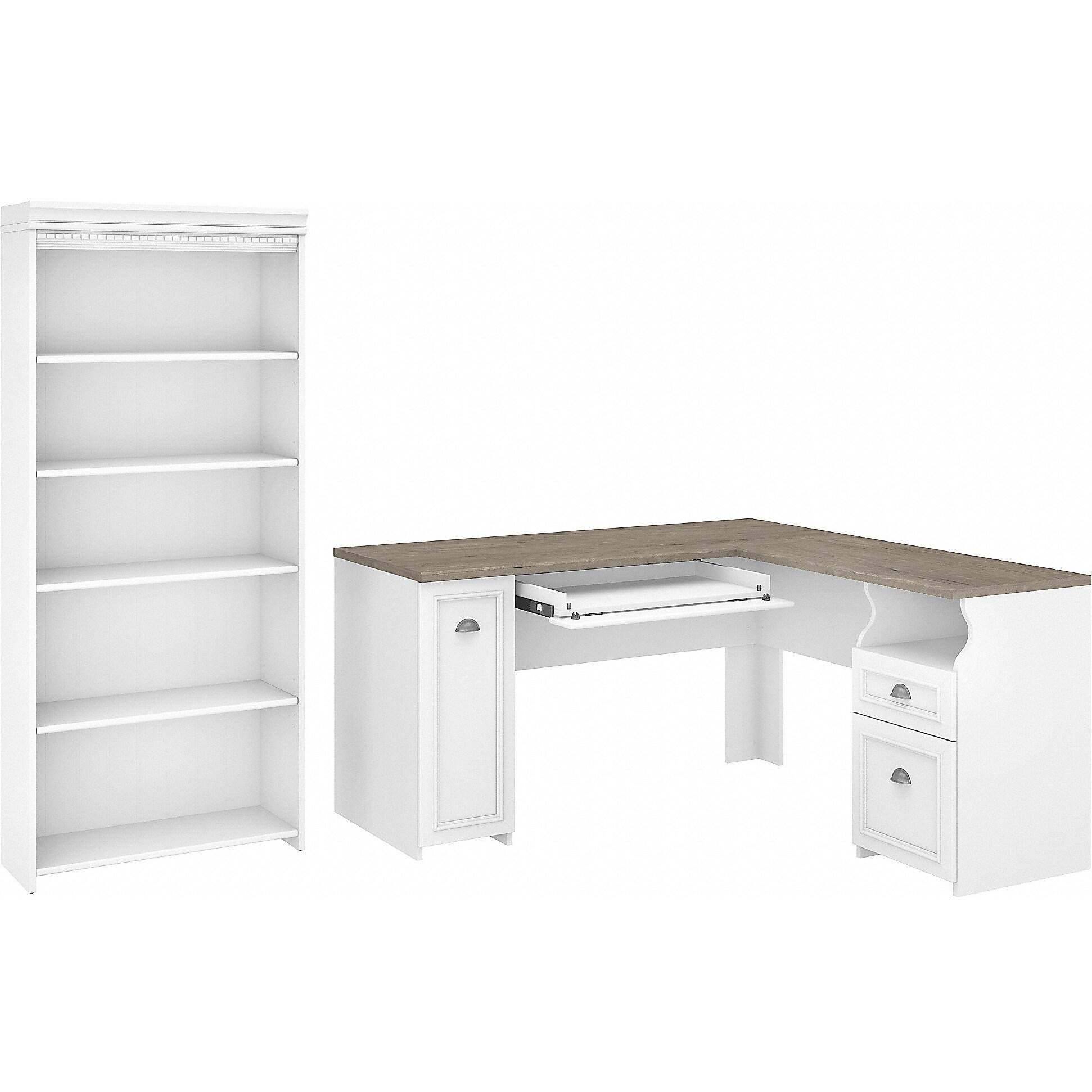 Gray L Shaped Desk with 5 Shelf Bookcase S980