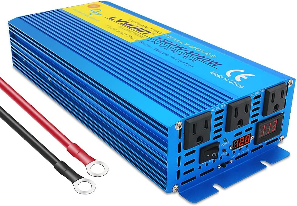 1500W Pure Sine Wave Inverter 12V to 110V 3000W Peak Power Converter with LCD Display, Dual AC Outlets D1075