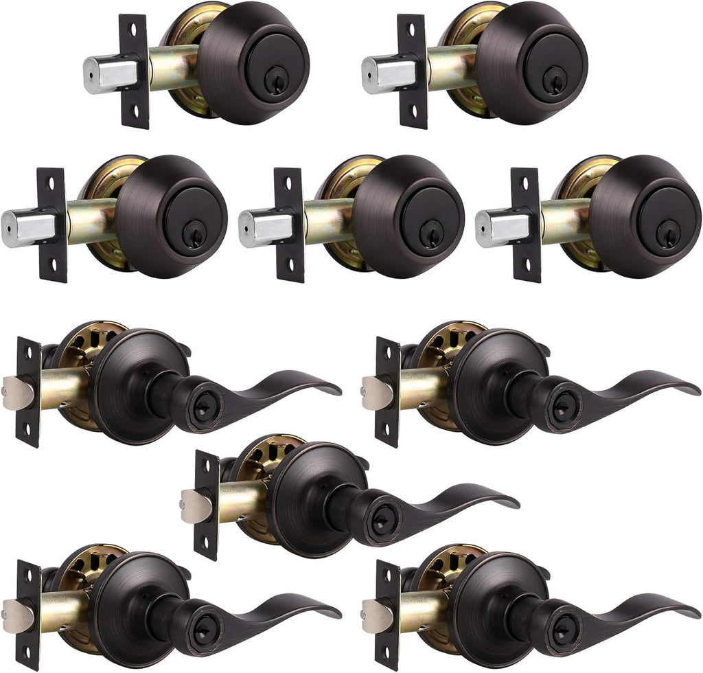 Satin Nickel Entry Lever and Single Cylinder Deadbolt Combo Pack, Keyed Alike Handleset Y678