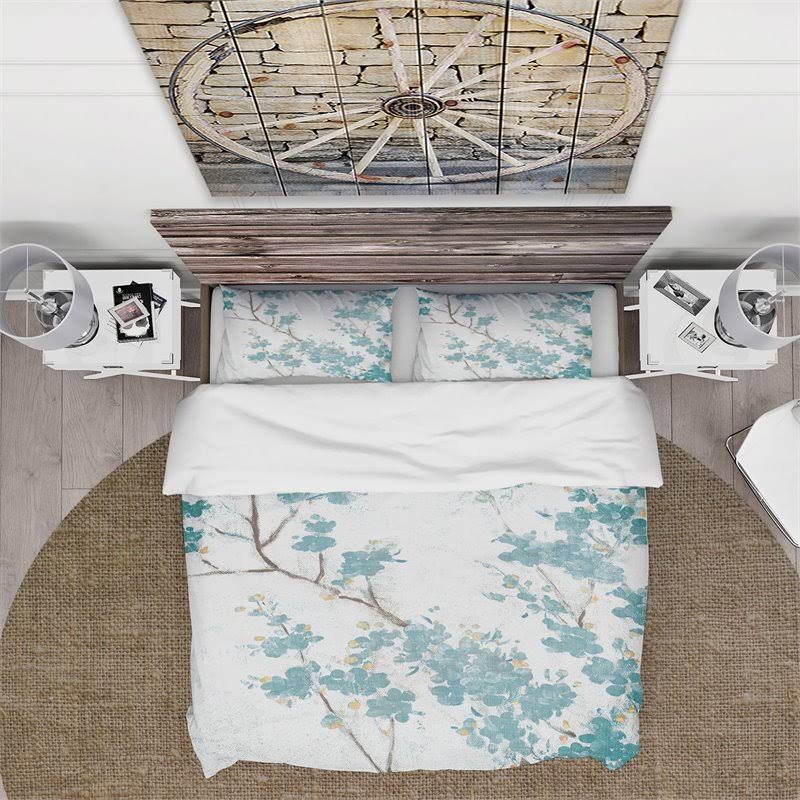 Teal Cherry Blossoms Queen Fabric Duvet Cover Set P584740