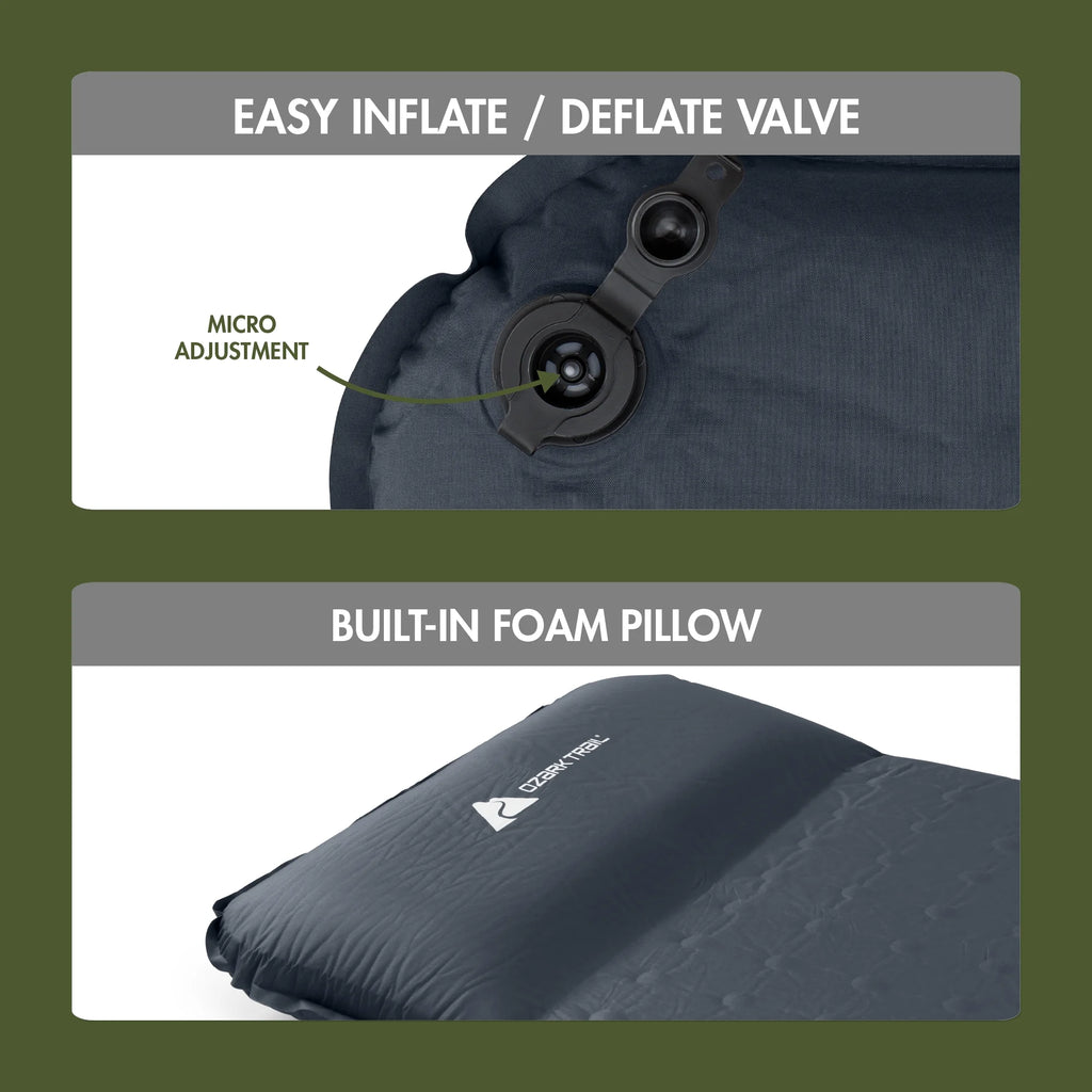 Self-Inflating Camp Pad with Pillow, Grey, 78" L x 25" W x 2" H N6411