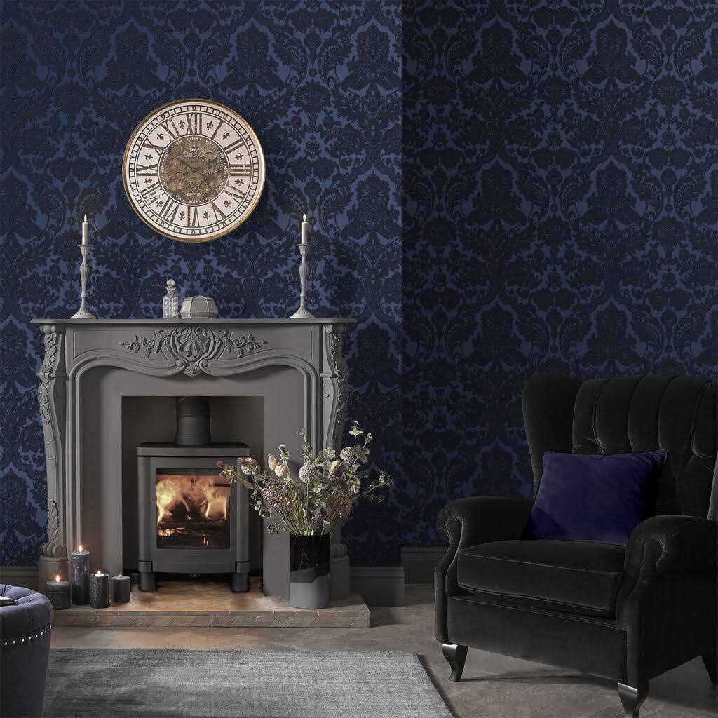 Cobalt Damask Flock Wallpaper P419857