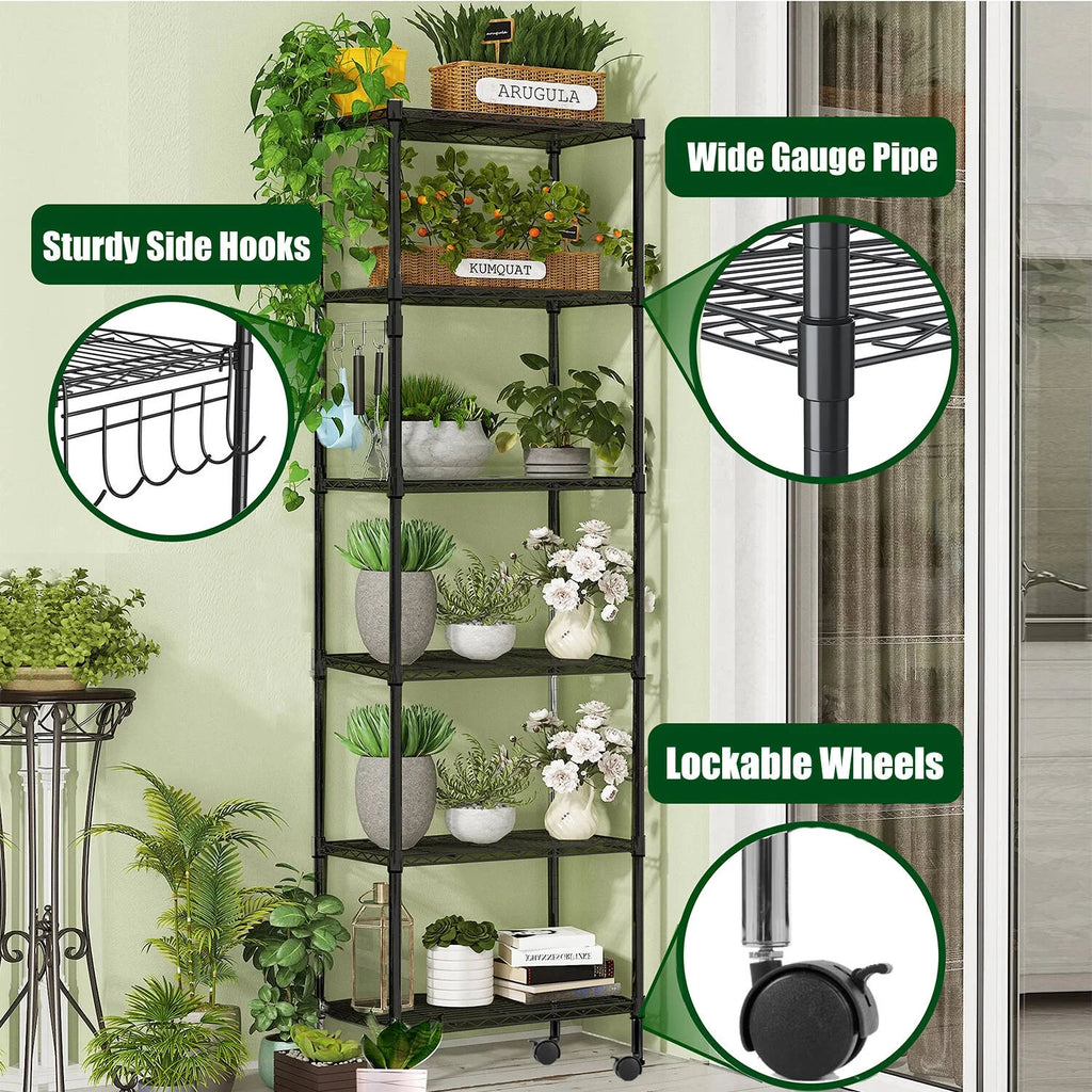 6 Shelves Wire Metal Heavy Duty Shelving Rack with Wheel, Silver F10552