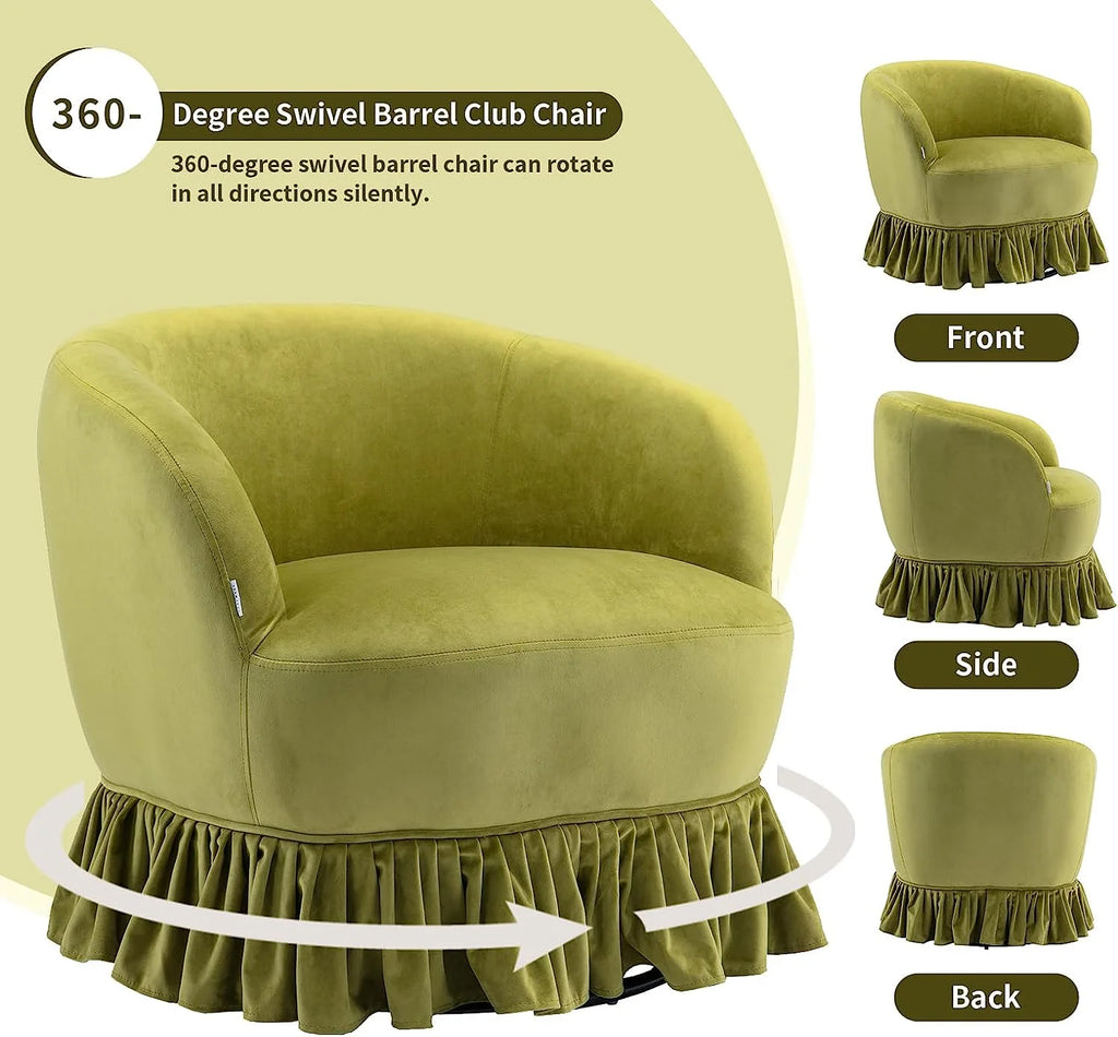 Olive Velvet Swivel Barrel Chair with Pleated Skirt E55076