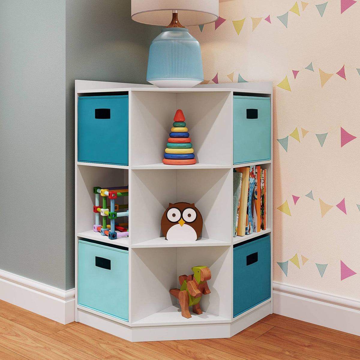 5pc Kids Corner Cabinet Set with 4 Bins White Turquoise Aqua D573603