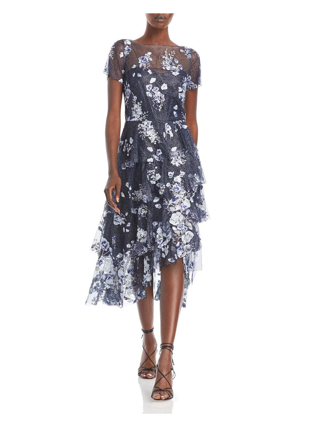 Navy Embroidered Zippered Ruffled Glitter Mesh Floral Short Sleeve Midi Cocktail Dress W445021