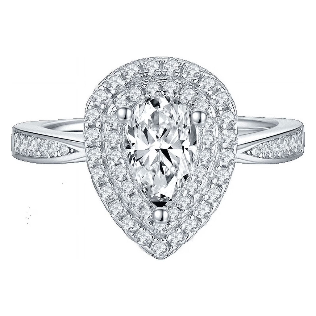 Pear Cut Moissanite Pave Set Engagement Ring In 18K White Gold Plating Over Silver G6538