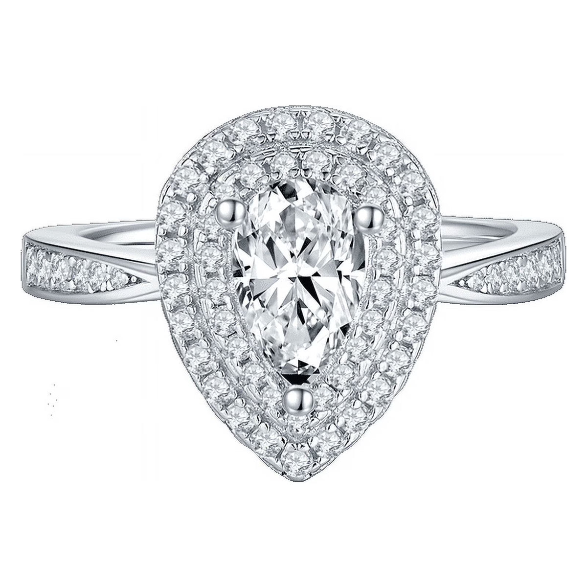 Pear Cut Moissanite Pave Set Engagement Ring In 18K White Gold Plating Over Silver G6538