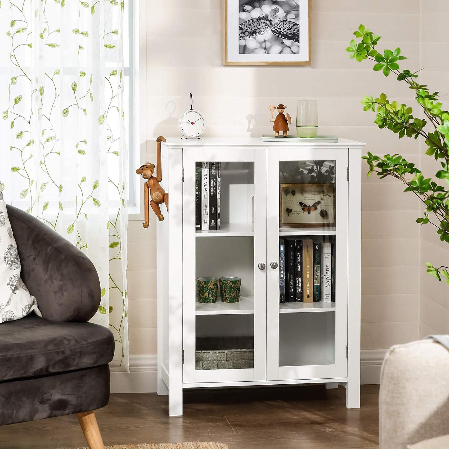 Storage Cabinet with 2 Adjustable Shelves, Transparent Glass Doors, Matte White K67432