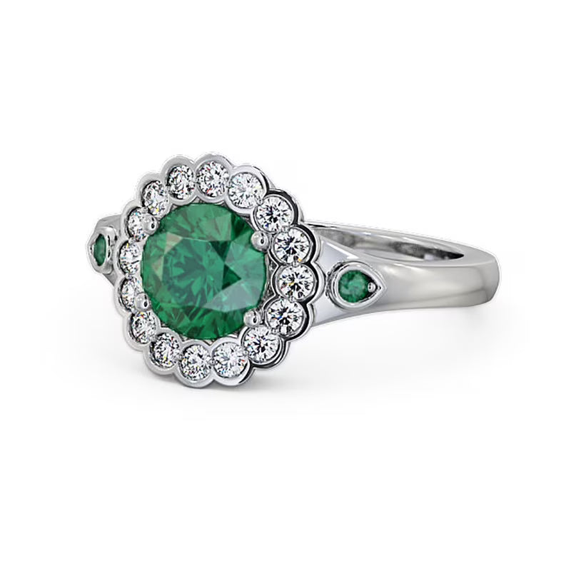14K White Gold Floral Halo Round Cut Emerald Real Diamond Ring Size 7.5 S344941