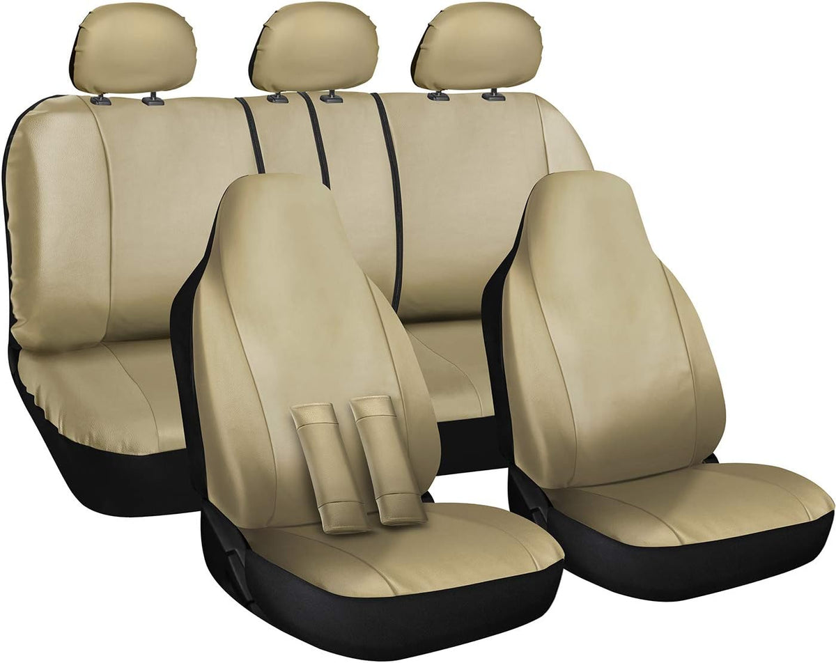 PU Leather Solid Beige Car Seat Cover Full Set S432