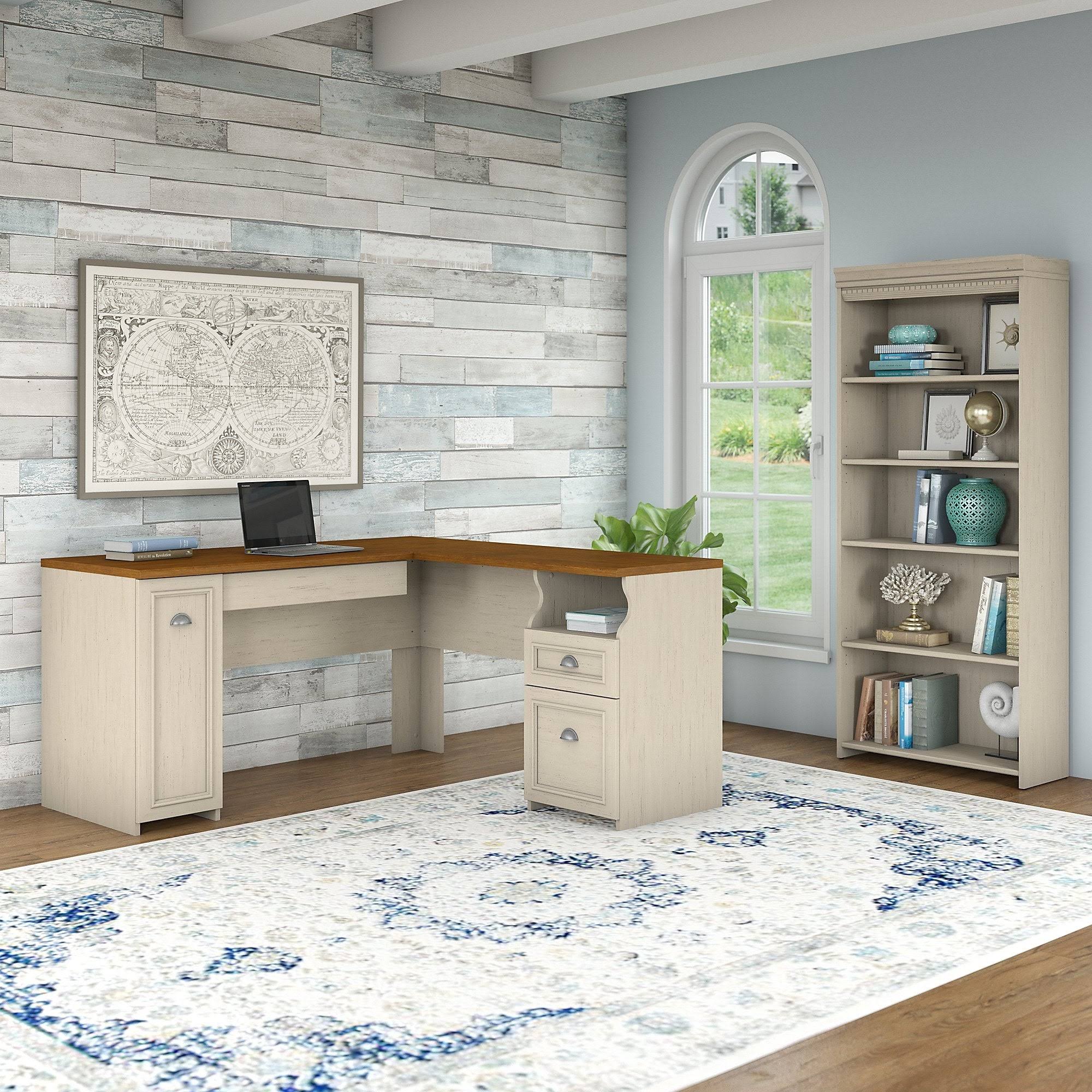 Gray L Shaped Desk with 5 Shelf Bookcase S980