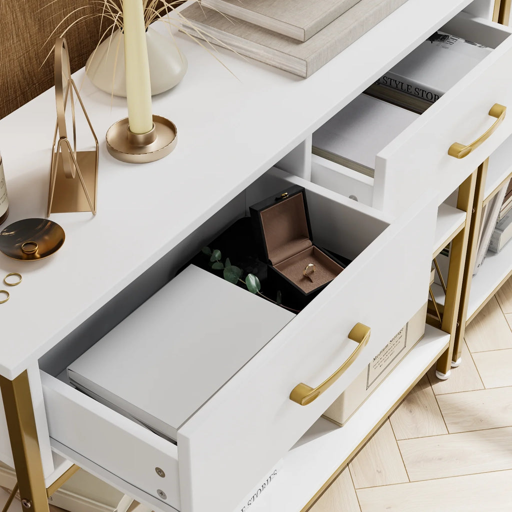 White/Gold 39.4'' Narrow Console Table with Drawers Q96535