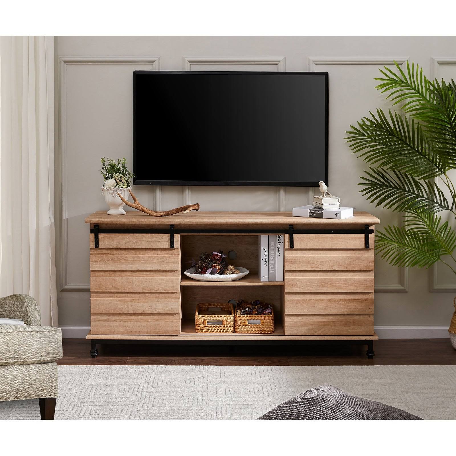 Oak Sliding Barn Door TV Stand Storage Cabinet L9271