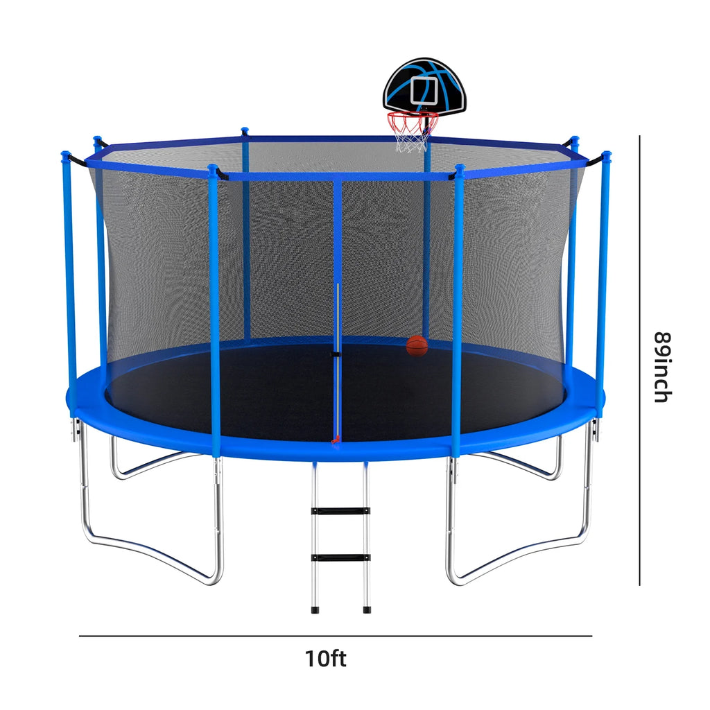 10 Feet Blue Outdoor Trampoline with Basketball Hoop and Safety Enclosure U572