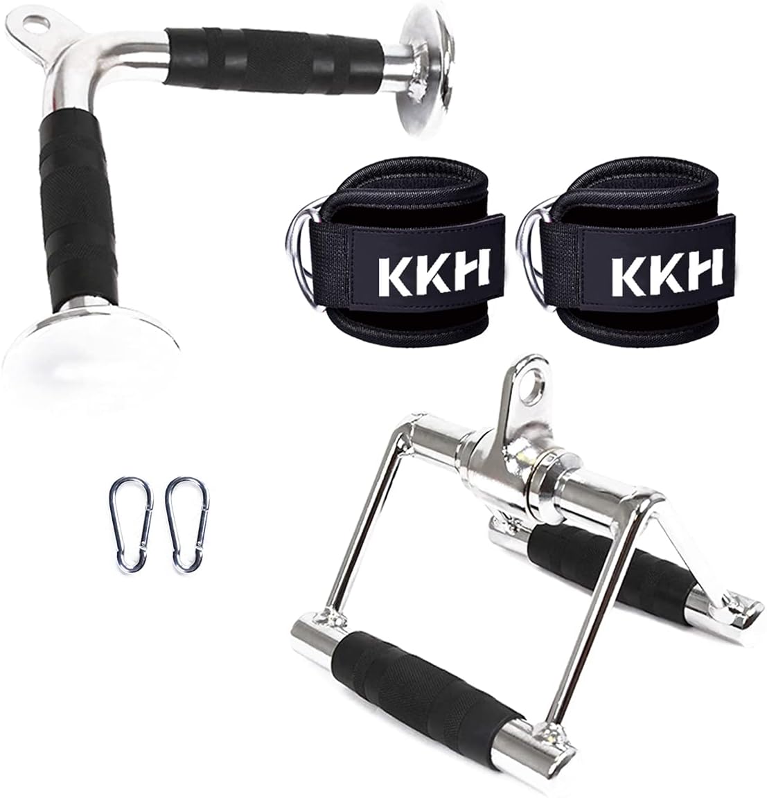 Cable Machine Attachments Set with V-Shaped Bar, Straight Rotating Bar, Double D Handle, Snap Hooks, Ankle Strap D495283