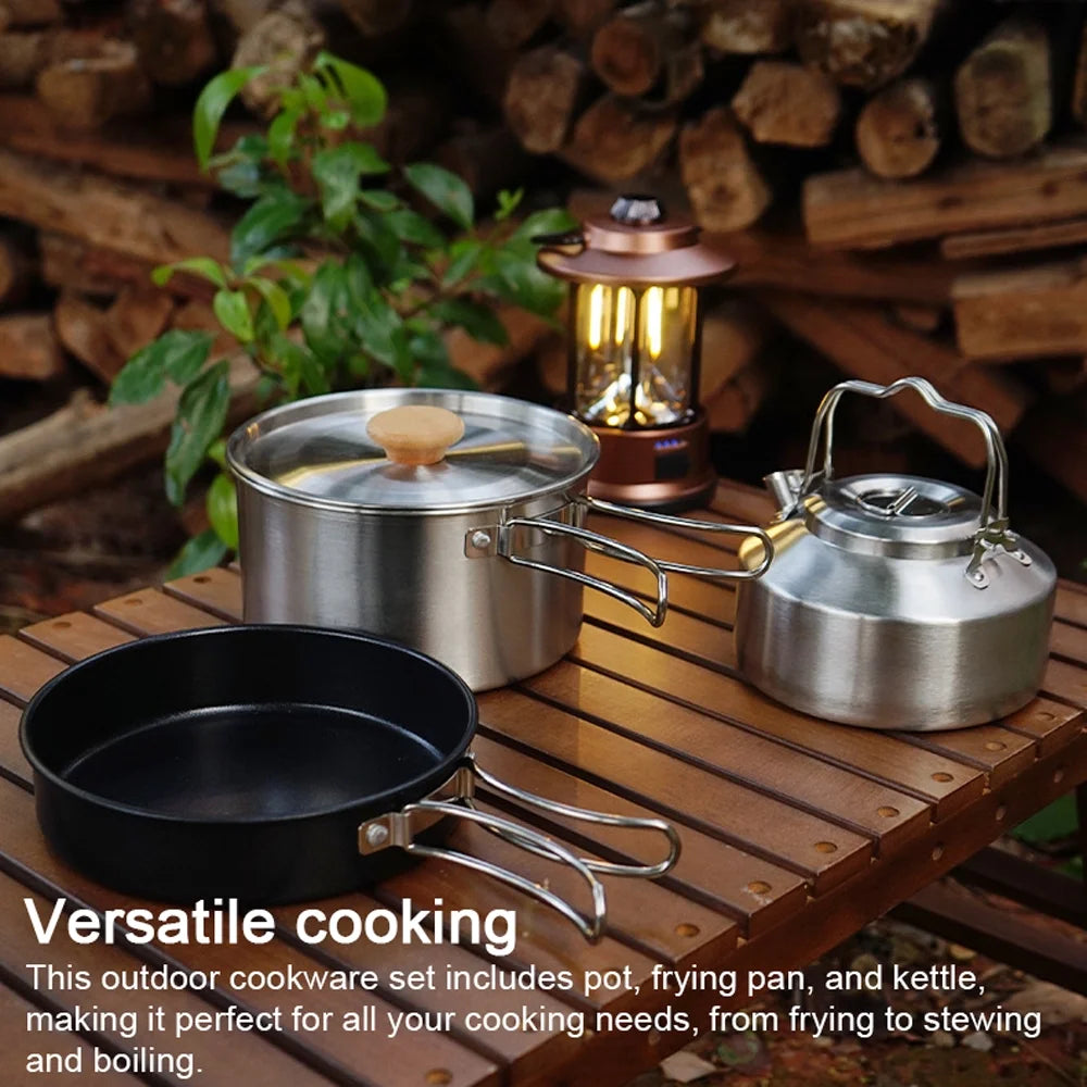 Stainless Steel Camping Cookware Set with Pot Frying Pan Kettle D9996