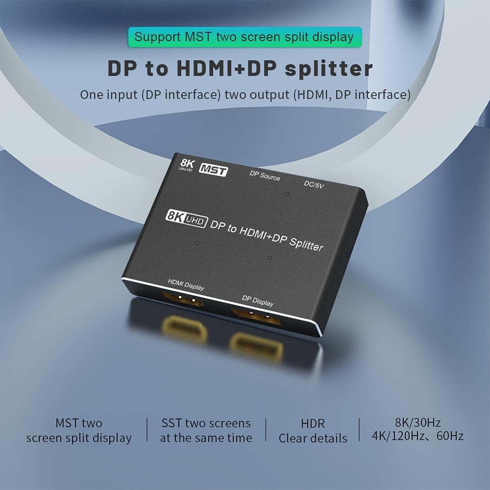 DisplayPort HDMI Splitter 8K MST SST 1In 2Out Directional DP 1.4 Converter Switch Pack of 2 O788917