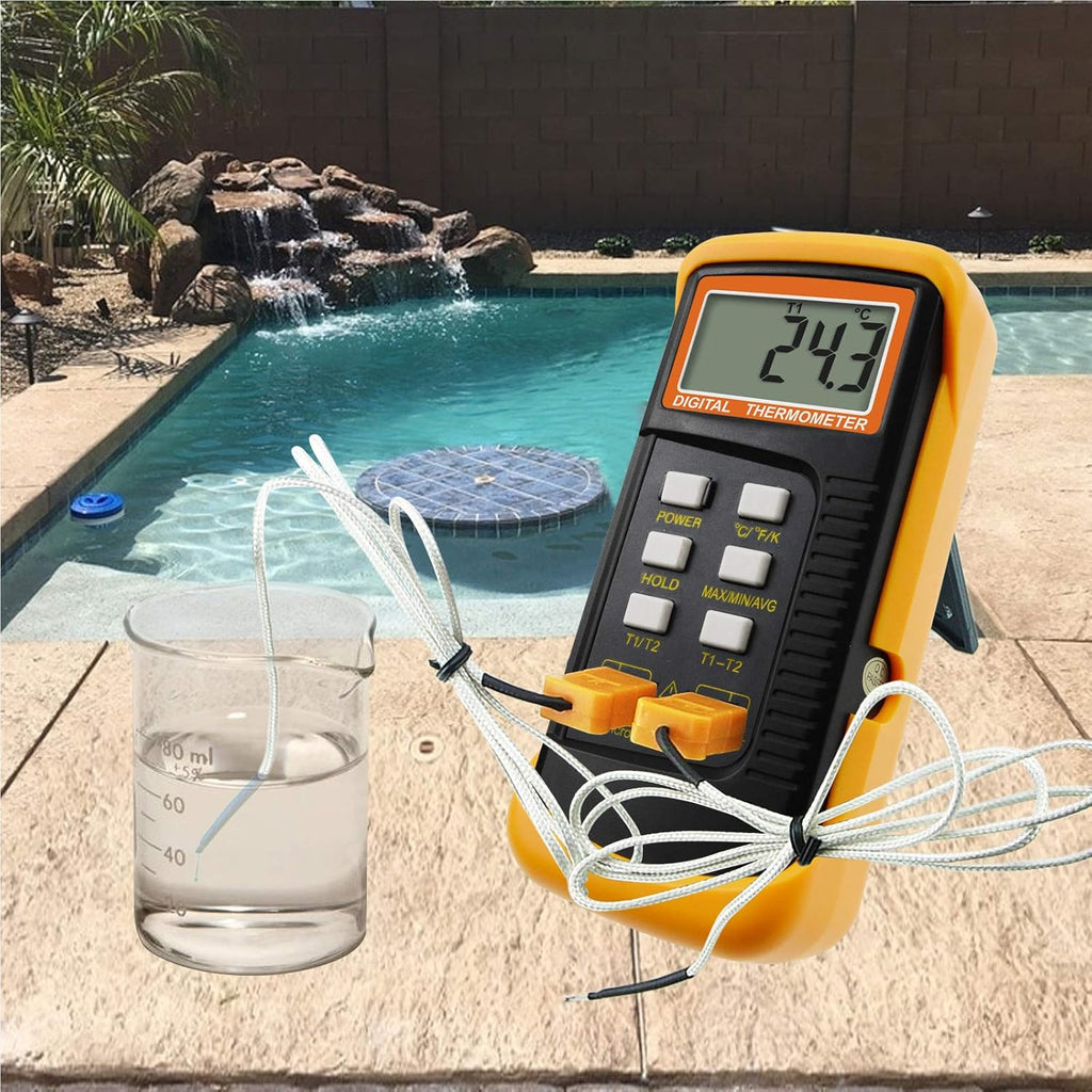 2 Channels K-Type Thermometer with 4 Stainless Steel Thermocouples, -50~1300°C Handheld Desktop Meter M41100