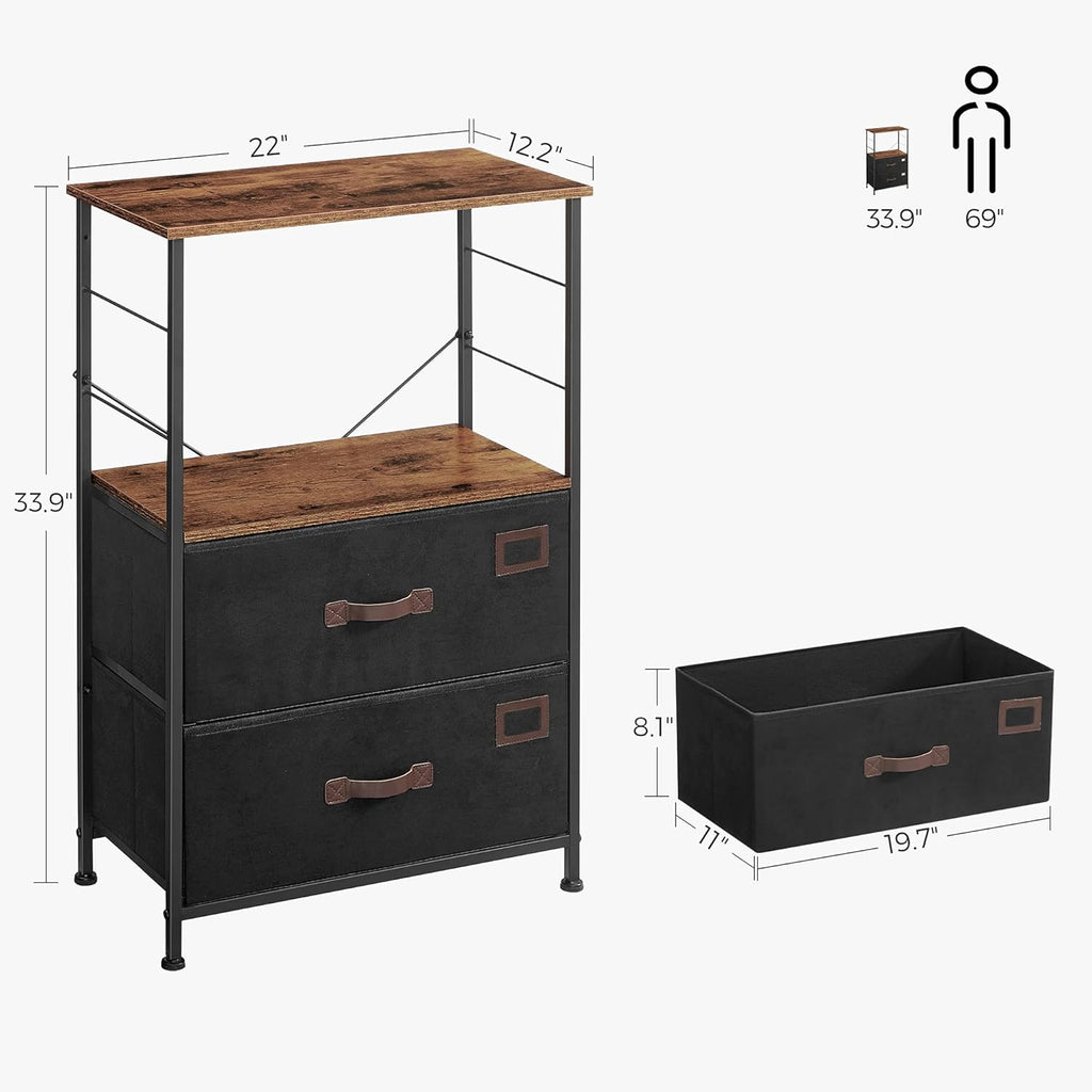 Rustic Brown Black Gray Nightstand with 2 Fabric Drawers and Wooden Top Q78040