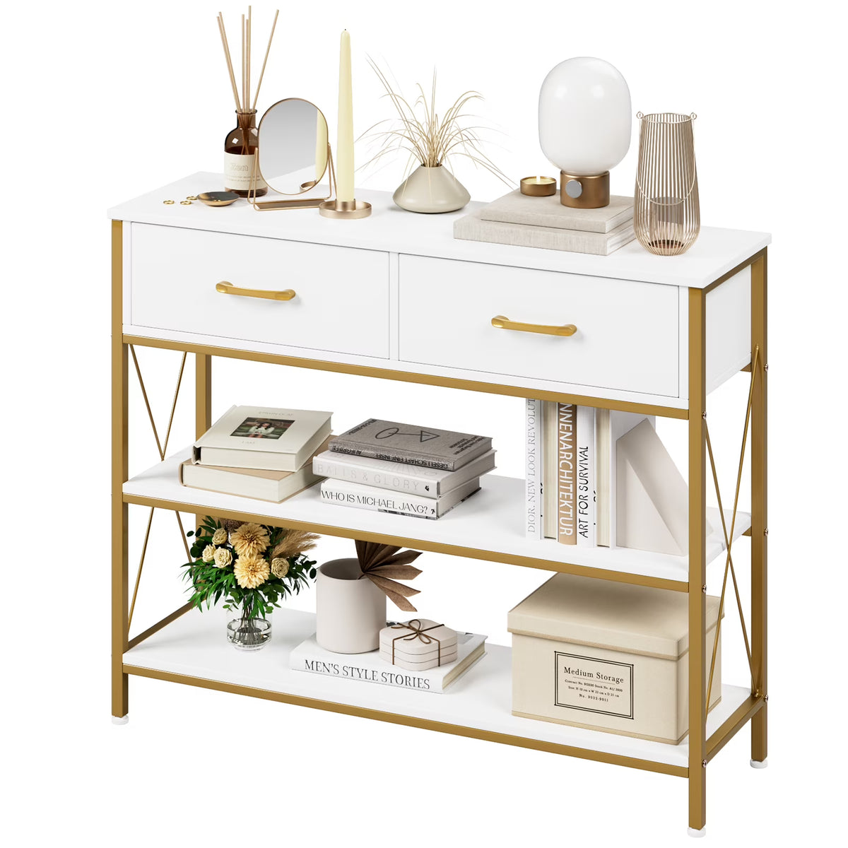 White/Gold 39.4'' Narrow Console Table with Drawers Q96535