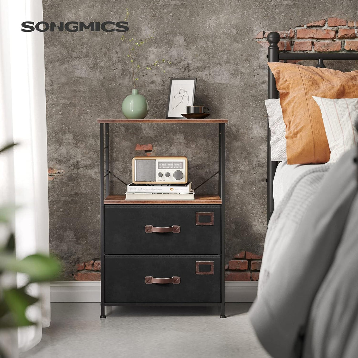 Rustic Brown Black Gray Nightstand with 2 Fabric Drawers and Wooden Top Q78040