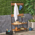 Teak Acacia Wood and Iron Bench with Shelf and Coat Hooks J41577
