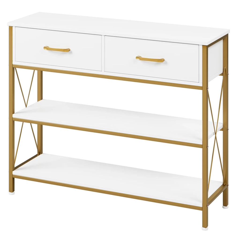 White/Gold 39.4'' Narrow Console Table with Drawers Q96535