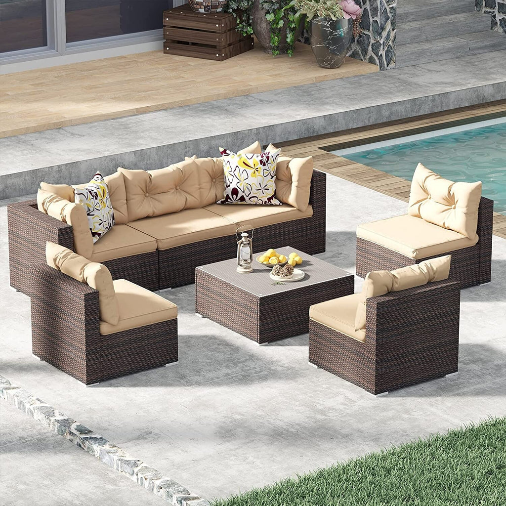 7 Pieces Wicker Rattan Patio Furniture Set Brown X689639