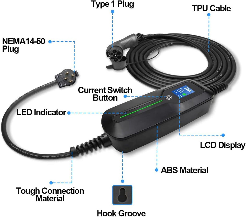 Level 2 EV Charger, 220V 32 Amp 7.68kW, Type 1 & NEMA 14-50 Plug, 25ft Cable D686268