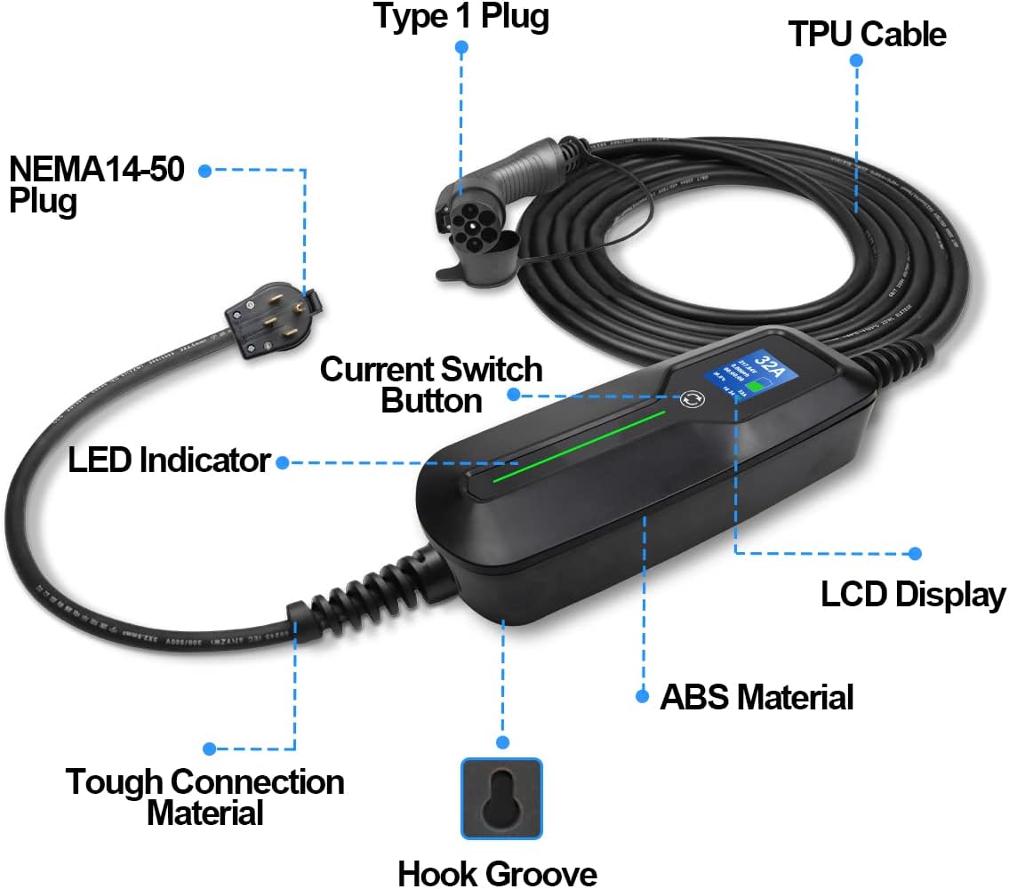 Level 2 EV Charger, 220V 32 Amp 7.68kW, Type 1 & NEMA 14-50 Plug, 25ft Cable D686268