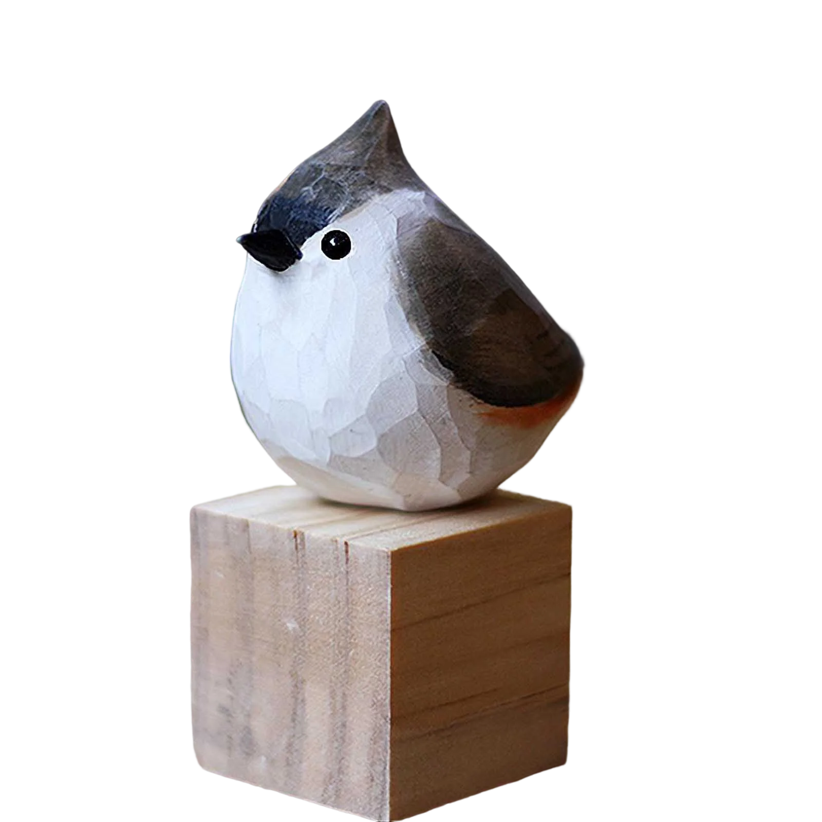 Gray White Wooden Titmouse Figurine Bird Statue W353742