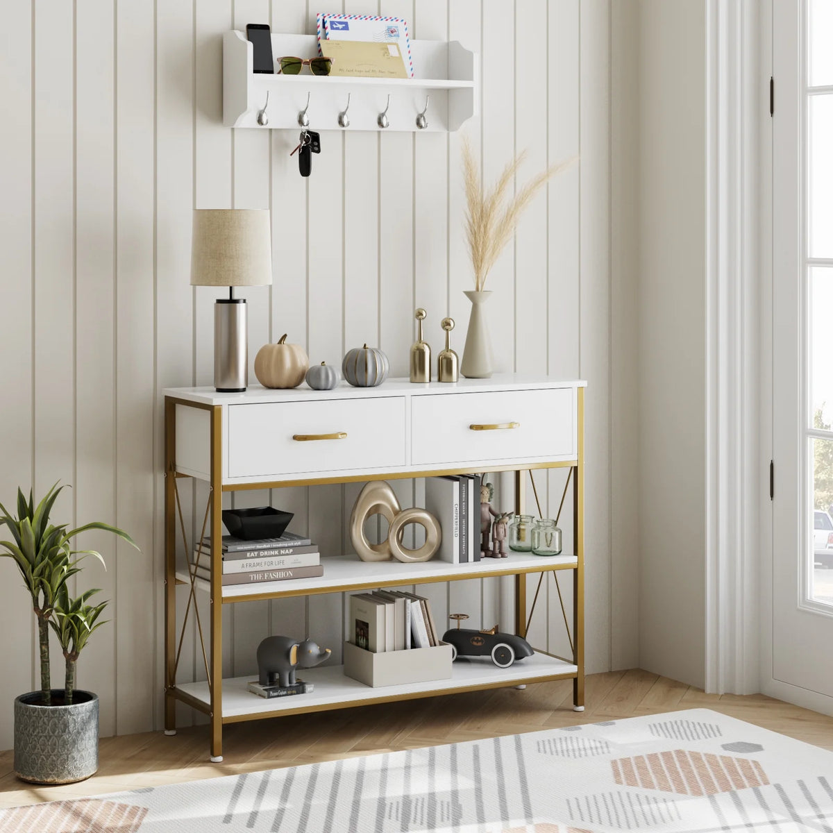 White/Gold 39.4'' Narrow Console Table with Drawers Q96535