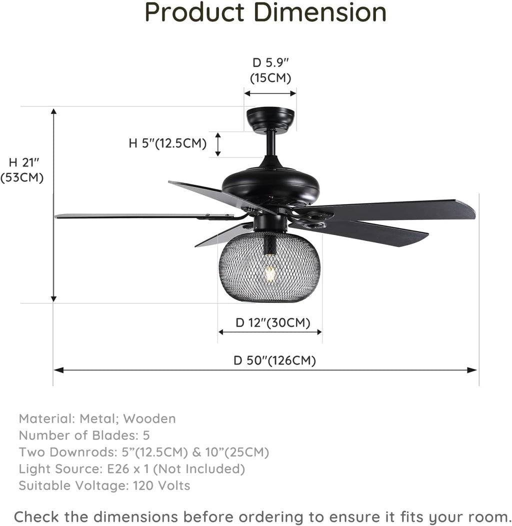 50 Inch Black Industrial Ceiling Fan with Remote Z2466