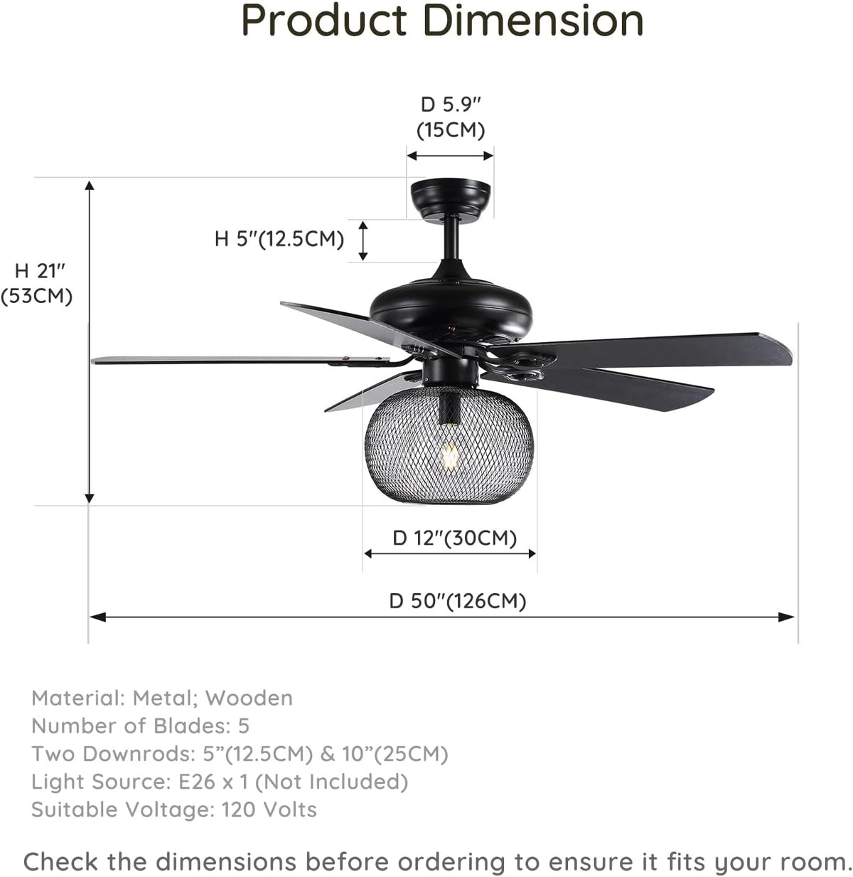 50 Inch Black Industrial Ceiling Fan with Remote Z2466