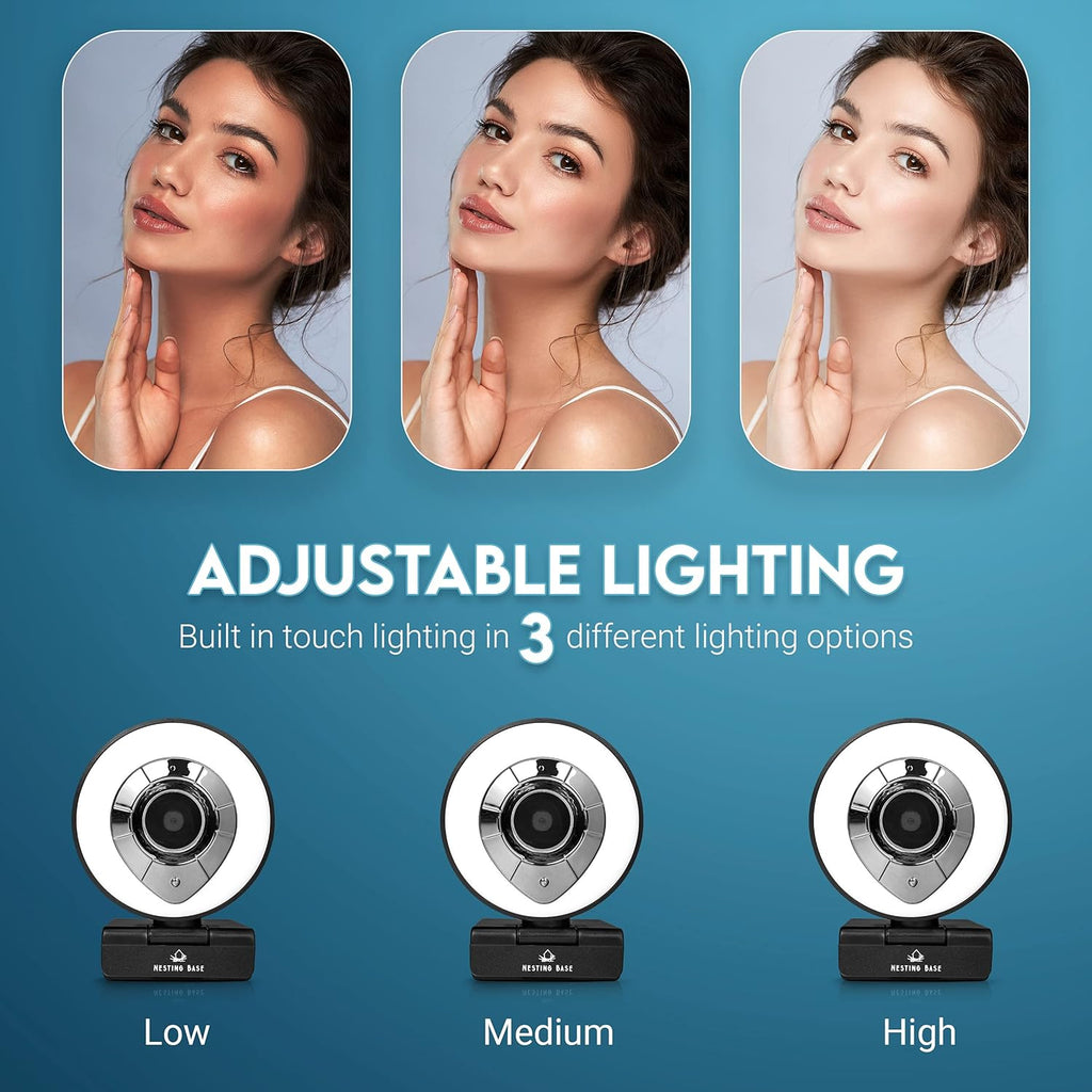 1080p Webcam with Ring Light, Privacy Cover, Auto Focus E73703