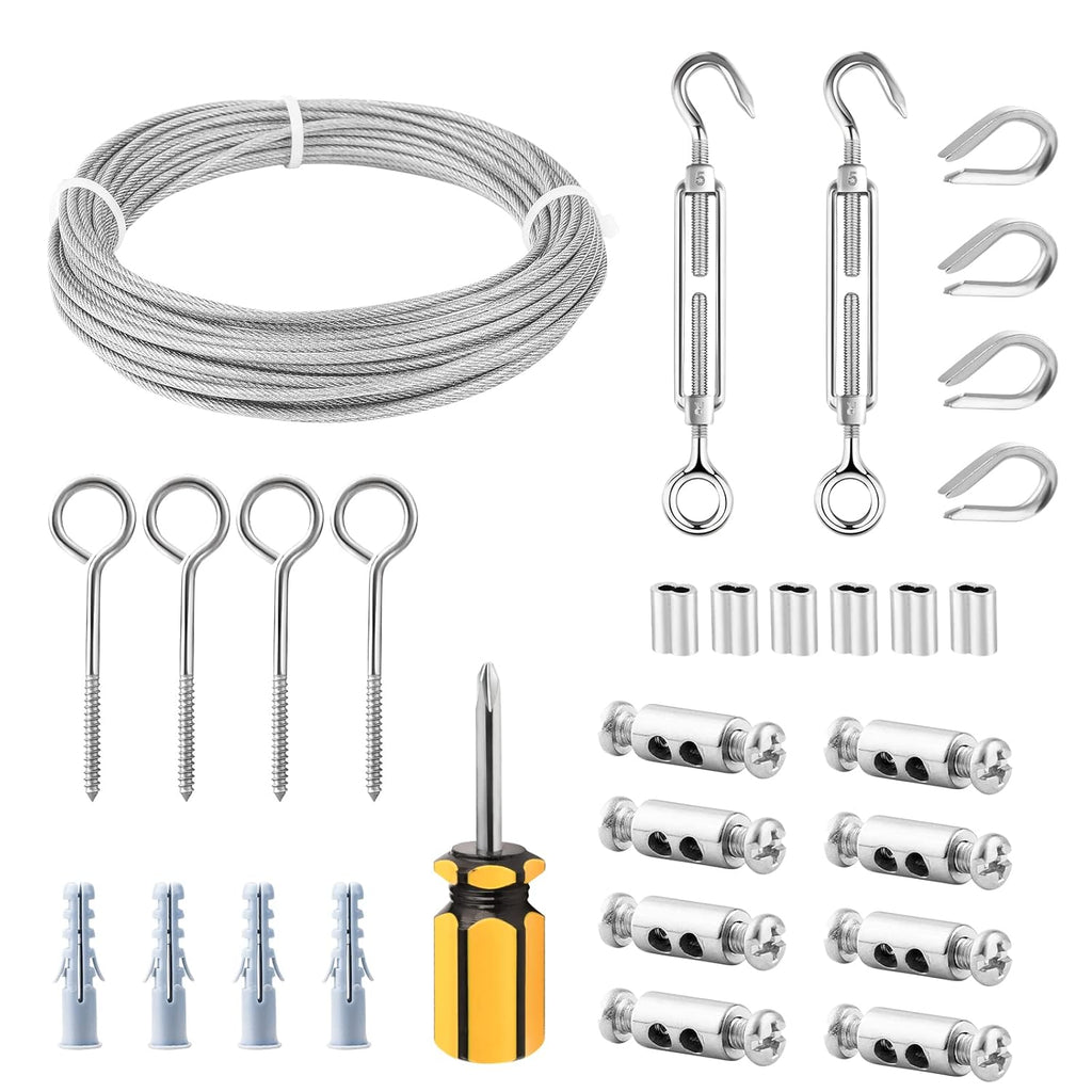 1/8 Wire Rope Kit with 100ft Stainless Steel Cable, M5 Turnbuckle Hook and Eye, Double Hole Cable Clamp L673