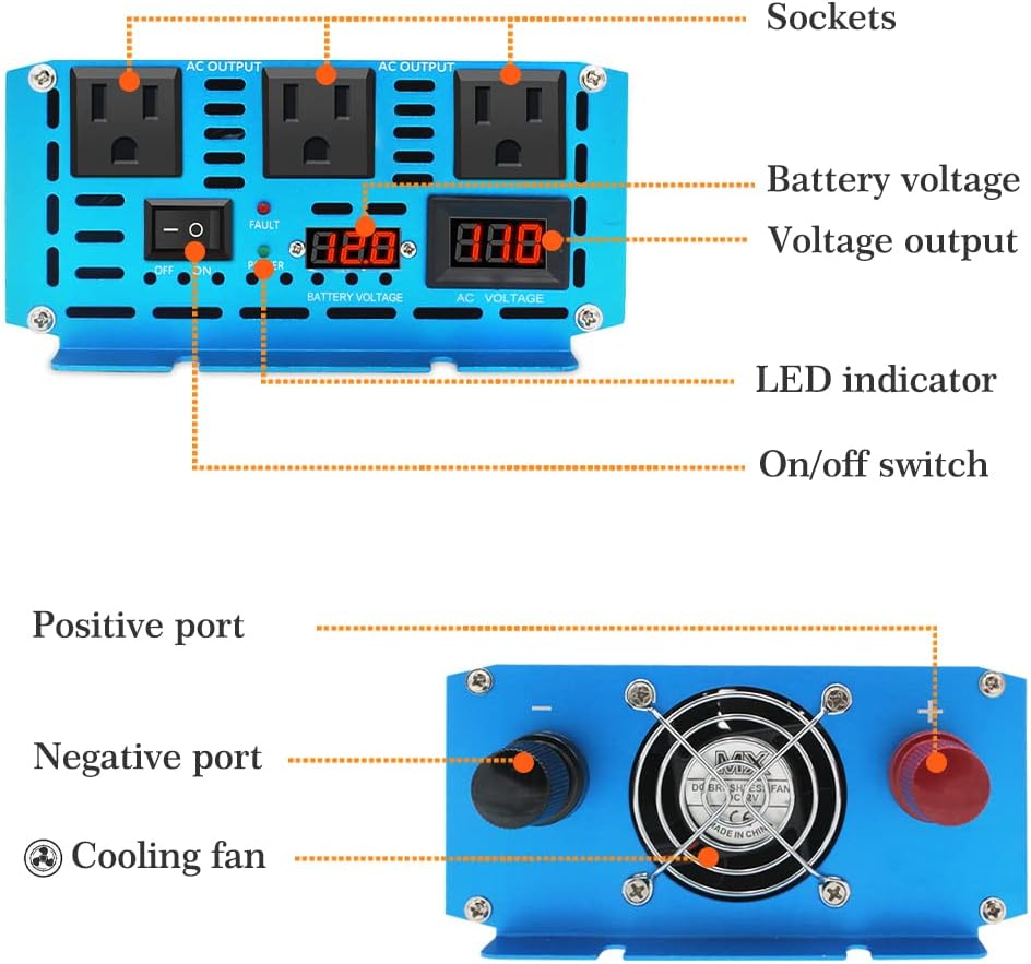 1500W Pure Sine Wave Inverter 12V to 110V 3000W Peak Power Converter with LCD Display, Dual AC Outlets D1075